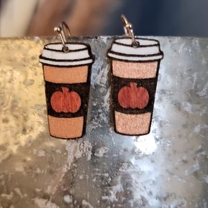 handmade laser cut wood, hand painted pumpkin spice coffee earrings, nickel free